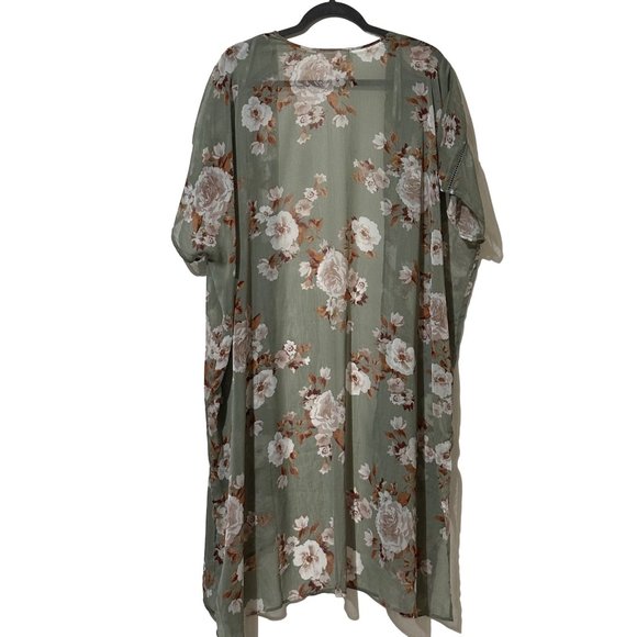 Band of Gypsies women’s sz XS/S sage green floral short sleeve open sheer duster - Picture 3 of 7